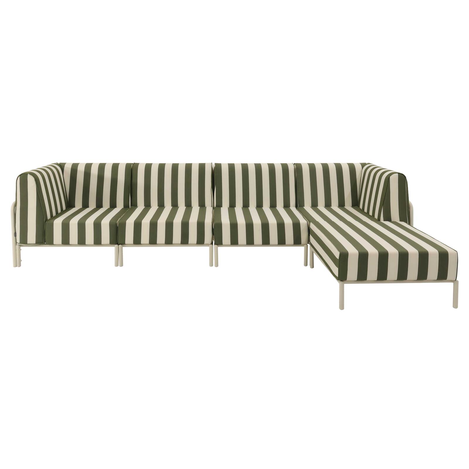 Sofá modular de exterior a rayas para 5 personas con 2 sillones, 2 sillones esquineros y 1 puf