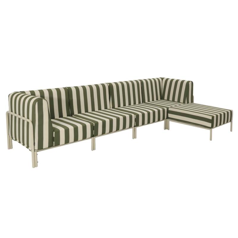 Sofá modular de exterior a rayas para 5 personas con 2 sillones, 2 sillones esquineros y 1 puf