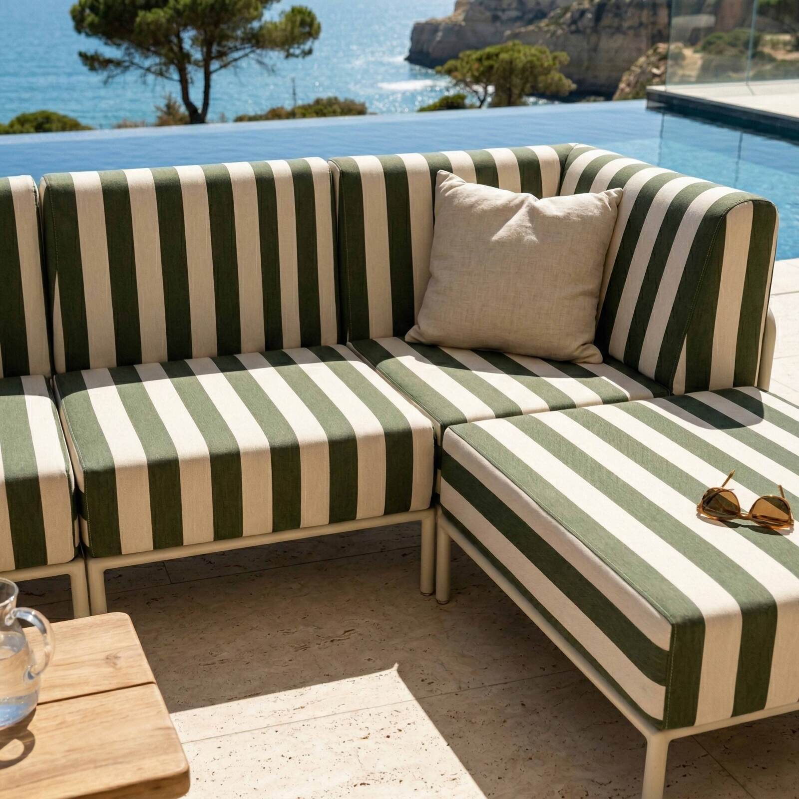 Sofá modular de exterior a rayas para 5 personas con 2 sillones, 2 sillones esquineros y 1 puf