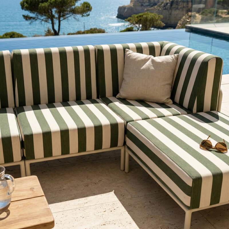 Sofá modular de exterior a rayas para 5 personas con 2 sillones, 2 sillones esquineros y 1 puf (3/8)
