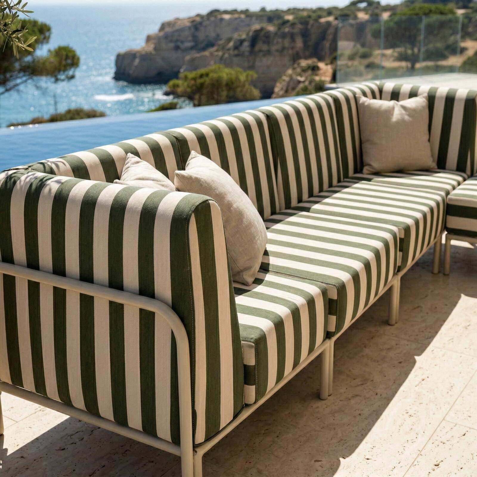 Sofá modular de exterior a rayas para 5 personas con 2 sillones, 2 sillones esquineros y 1 puf