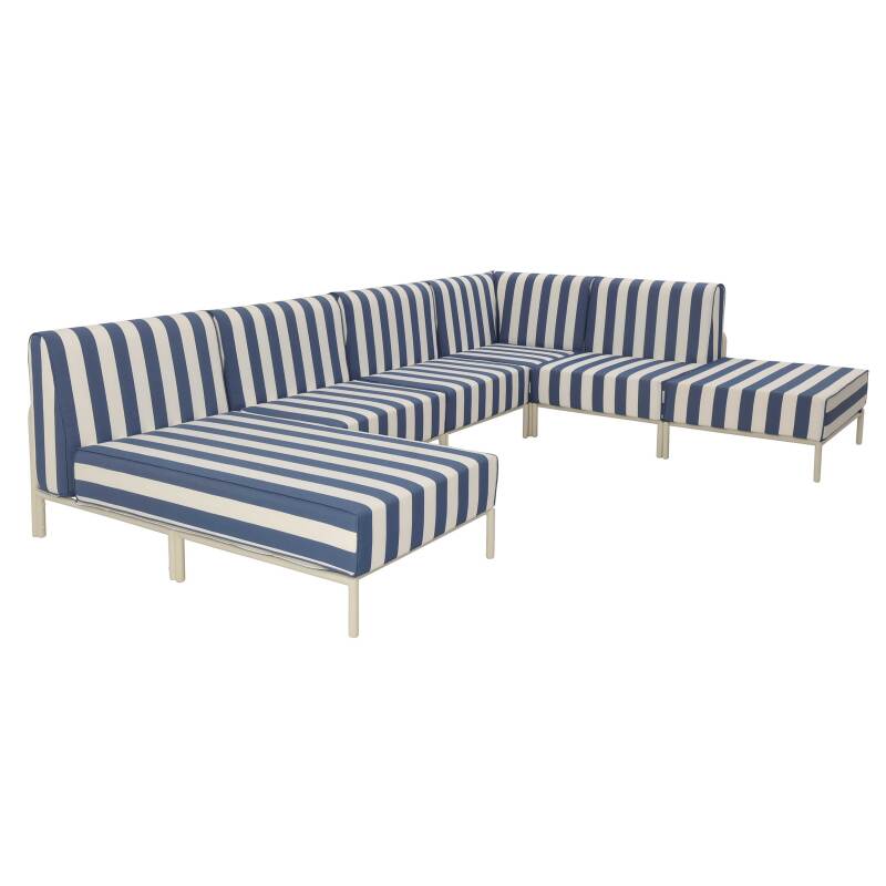 Sofá modular de exterior a rayas para 6 personas con 3 sillones, 1 sillón esquinero, 1 chaise longue y 1 puf