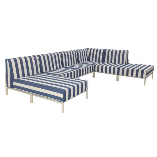 Sofá modular de exterior a rayas para 6 personas con 3 sillones, 1 sillón esquinero, 1 chaise longue y 1 puf | Oviala