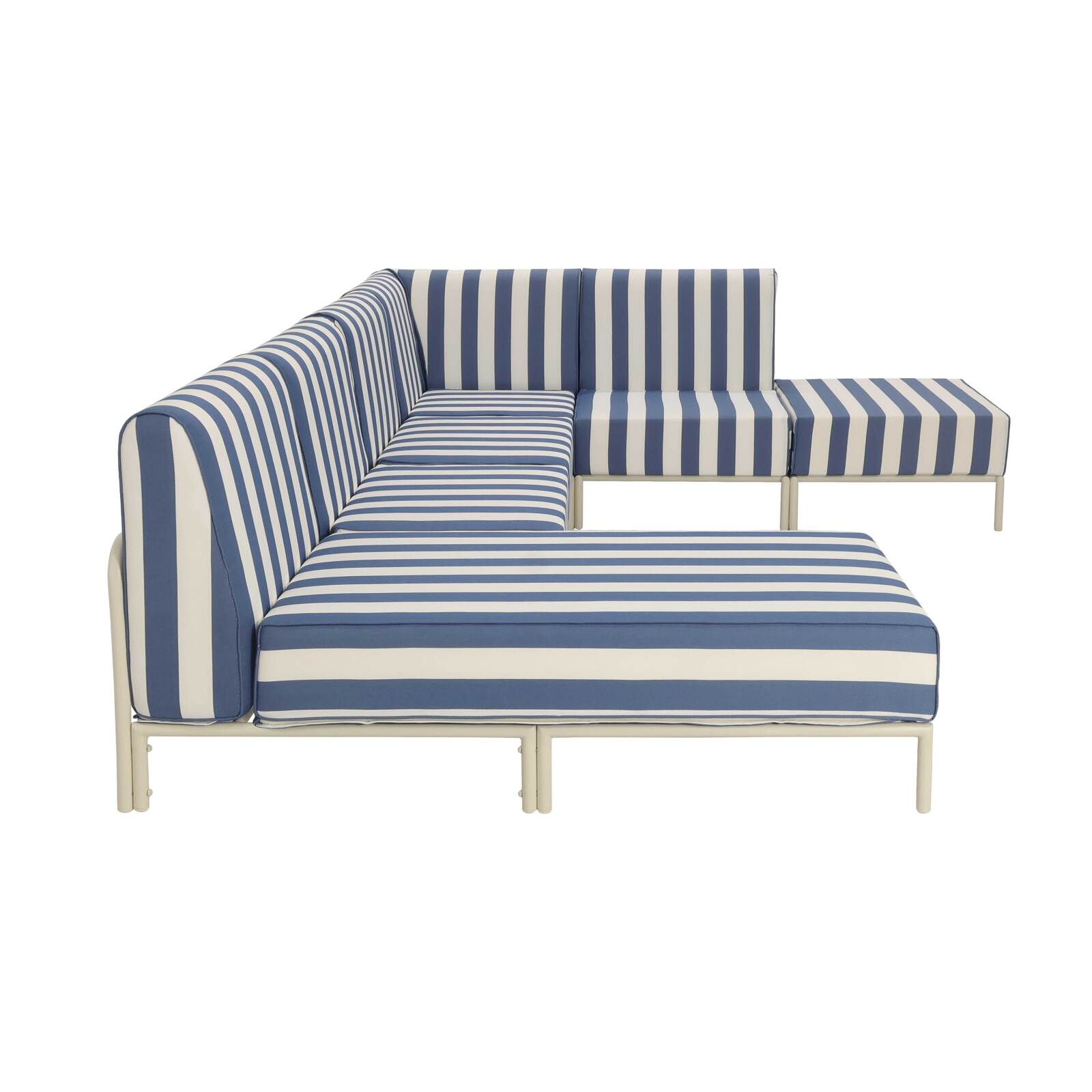 Sofá modular de exterior a rayas para 6 personas con 3 sillones, 1 sillón esquinero, 1 chaise longue y 1 puf
