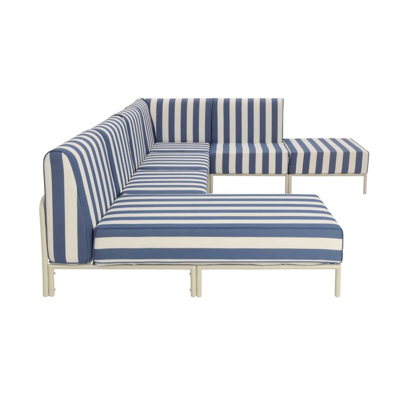 Sofá modular de exterior a rayas para 6 personas con 3 sillones, 1 sillón esquinero, 1 chaise longue y 1 puf (7/8)