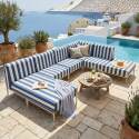 Sofá modular de exterior a rayas para 6 personas con 3 sillones, 1 sillón esquinero, 1 chaise longue y 1 puf