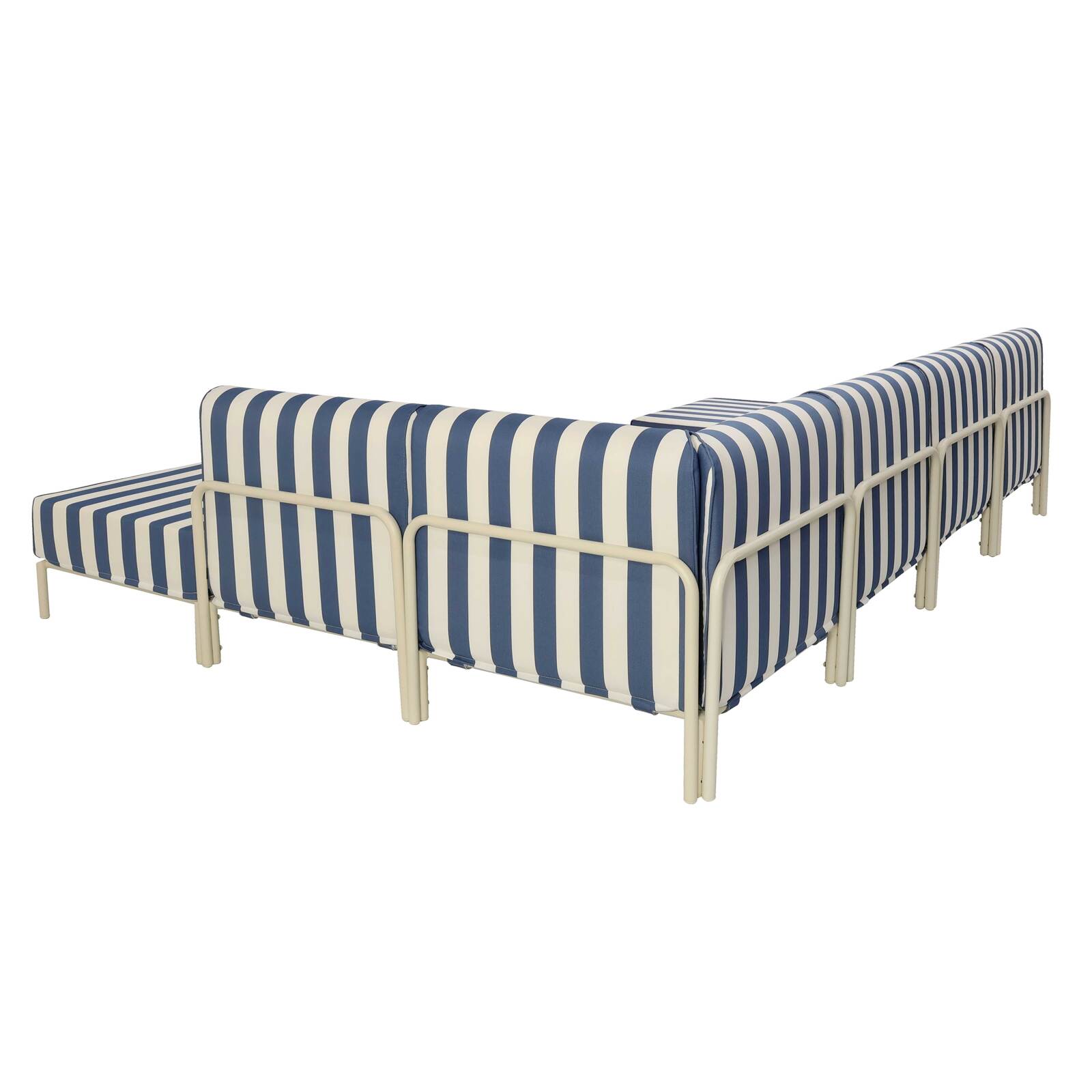 Sofá modular de exterior a rayas para 6 personas con 3 sillones, 1 sillón esquinero, 1 chaise longue y 1 puf
