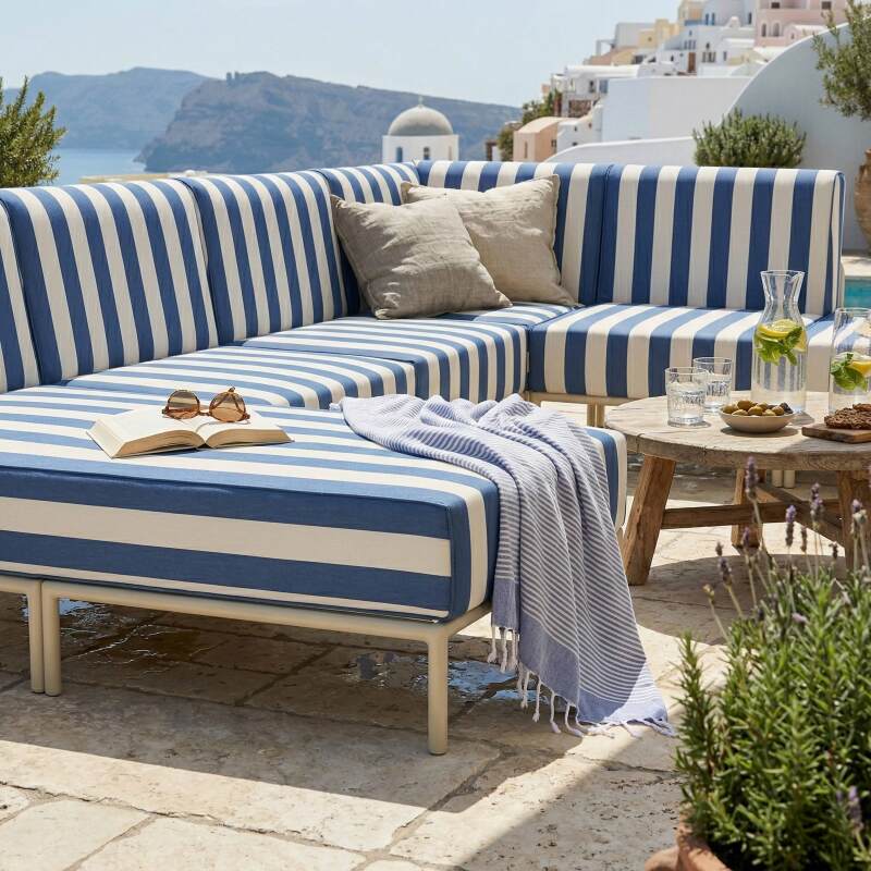 Sofá modular de exterior a rayas para 6 personas con 3 sillones, 1 sillón esquinero, 1 chaise longue y 1 puf (3/8)