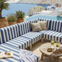 Sofá modular de exterior a rayas para 6 personas con 3 sillones, 1 sillón esquinero, 1 chaise longue y 1 puf