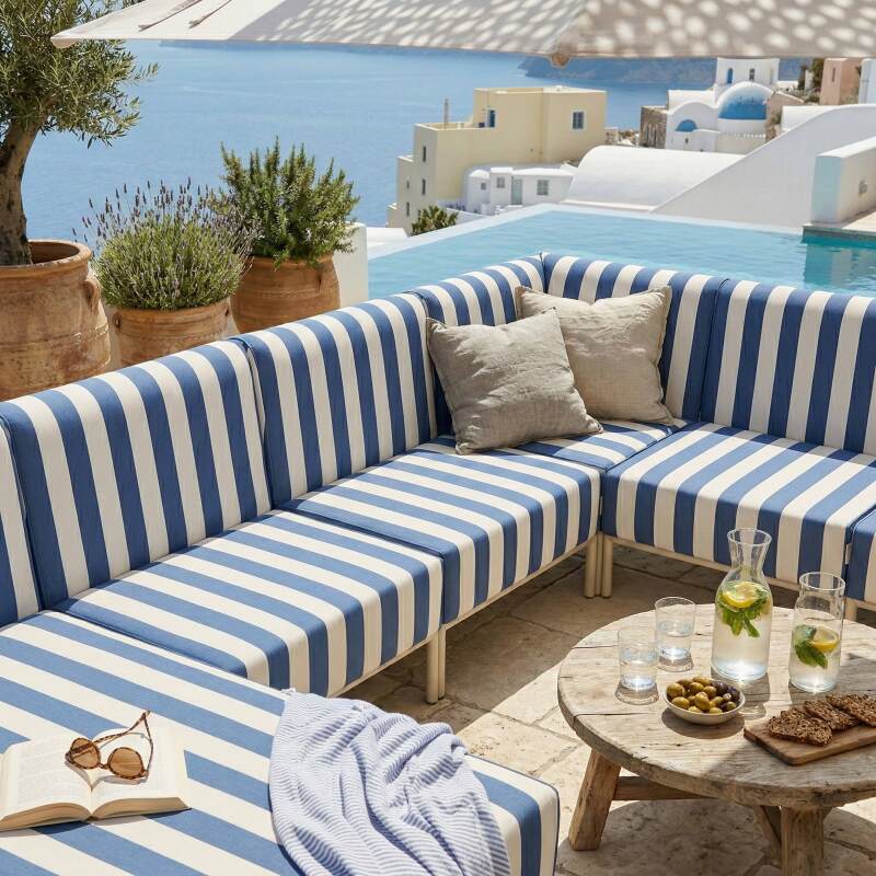 Sofá modular de exterior a rayas para 6 personas con 3 sillones, 1 sillón esquinero, 1 chaise longue y 1 puf (2/8)