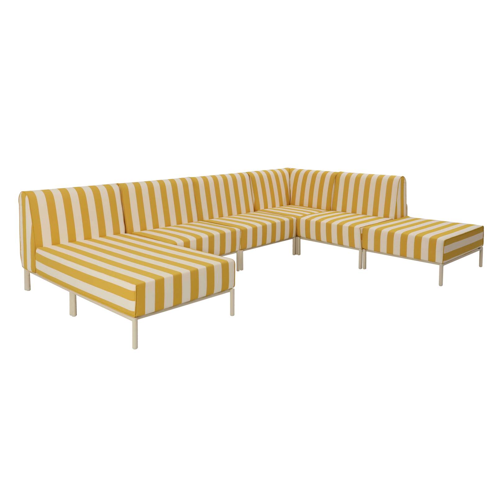 Sofá modular de exterior a rayas para 6 personas con 3 sillones, 1 sillón esquinero, 1 chaise longue y 1 puf