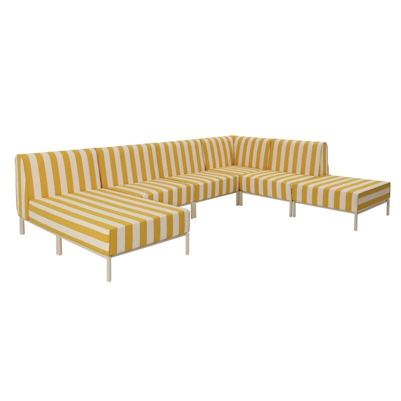 Sofá modular de exterior a rayas para 6 personas con 3 sillones, 1 sillón esquinero, 1 chaise longue y 1 puf