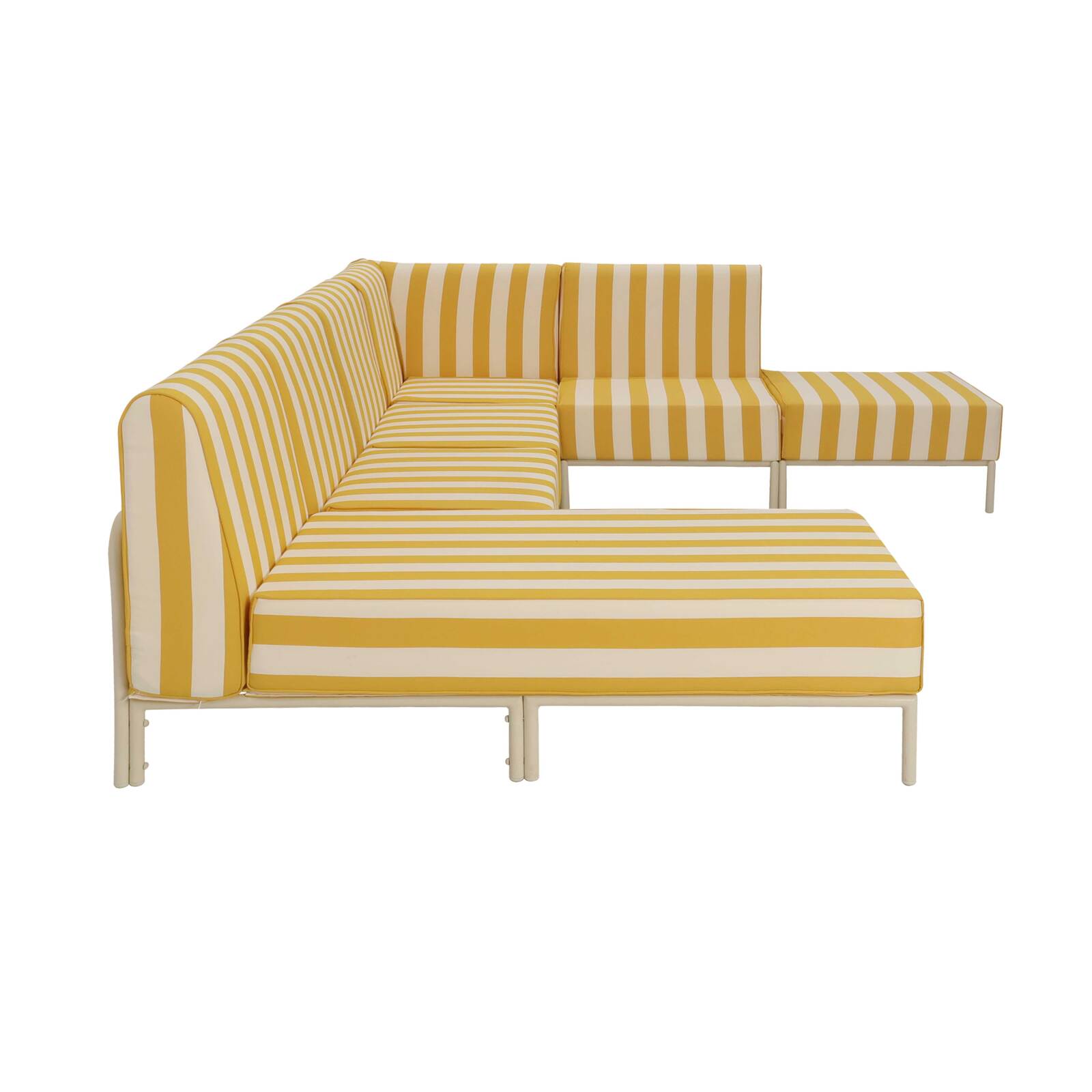 Sofá modular de exterior a rayas para 6 personas con 3 sillones, 1 sillón esquinero, 1 chaise longue y 1 puf