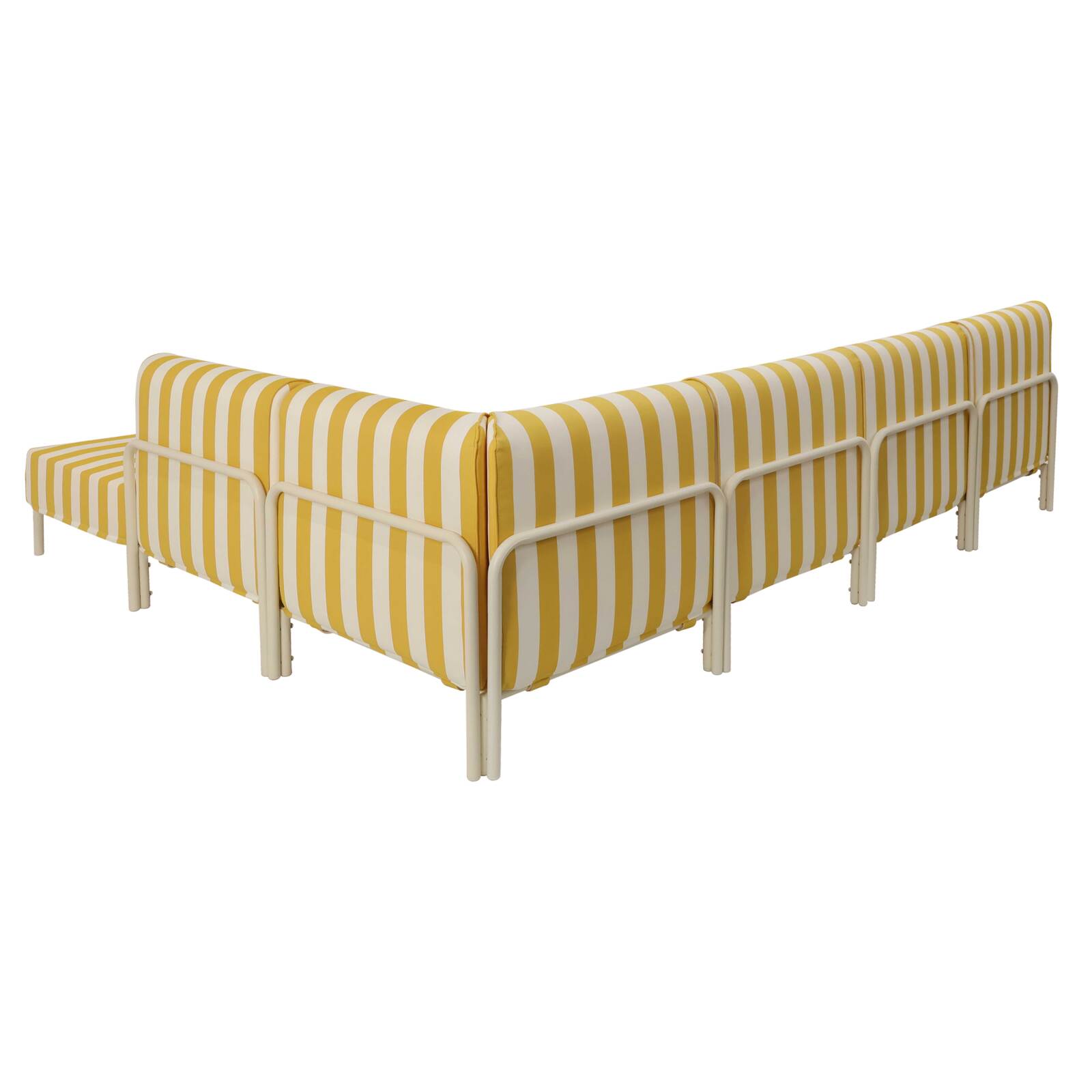 Sofá modular de exterior a rayas para 6 personas con 3 sillones, 1 sillón esquinero, 1 chaise longue y 1 puf