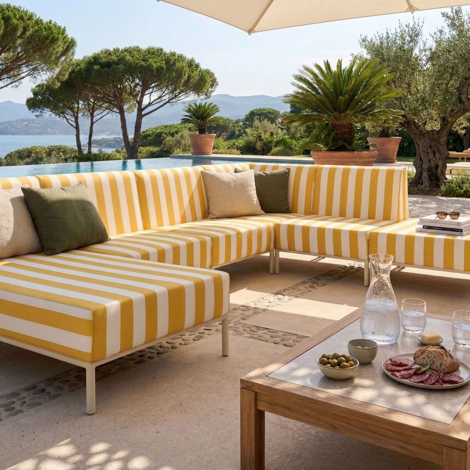 Sofá modular de exterior a rayas para 6 personas con 3 sillones, 1 sillón esquinero, 1 chaise longue y 1 puf