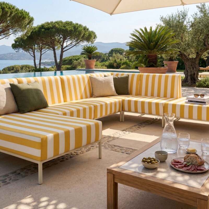 Sofá modular de exterior a rayas para 6 personas con 3 sillones, 1 sillón esquinero, 1 chaise longue y 1 puf (2/8)