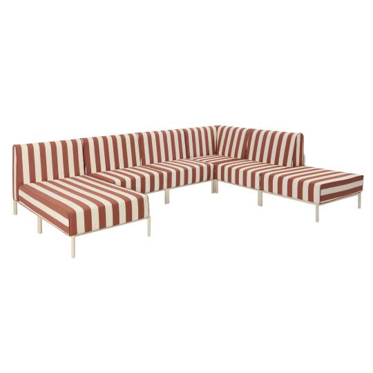 Sofá modular de exterior a rayas para 6 personas con 3 sillones, 1 sillón esquinero, 1 chaise longue y 1 puf