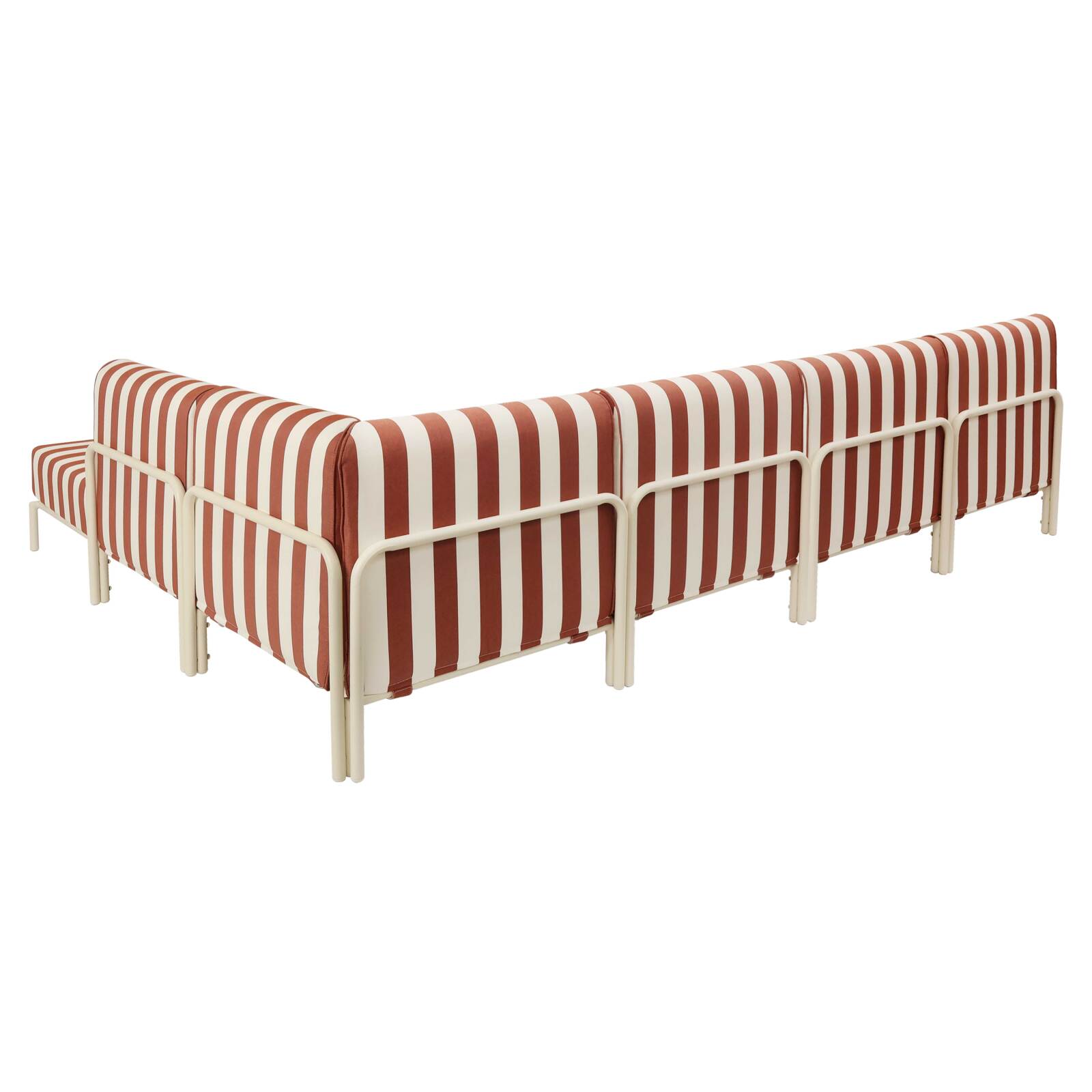 Sofá modular de exterior a rayas para 6 personas con 3 sillones, 1 sillón esquinero, 1 chaise longue y 1 puf