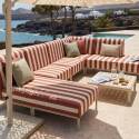 Sofá modular de exterior a rayas para 6 personas con 3 sillones, 1 sillón esquinero, 1 chaise longue y 1 puf