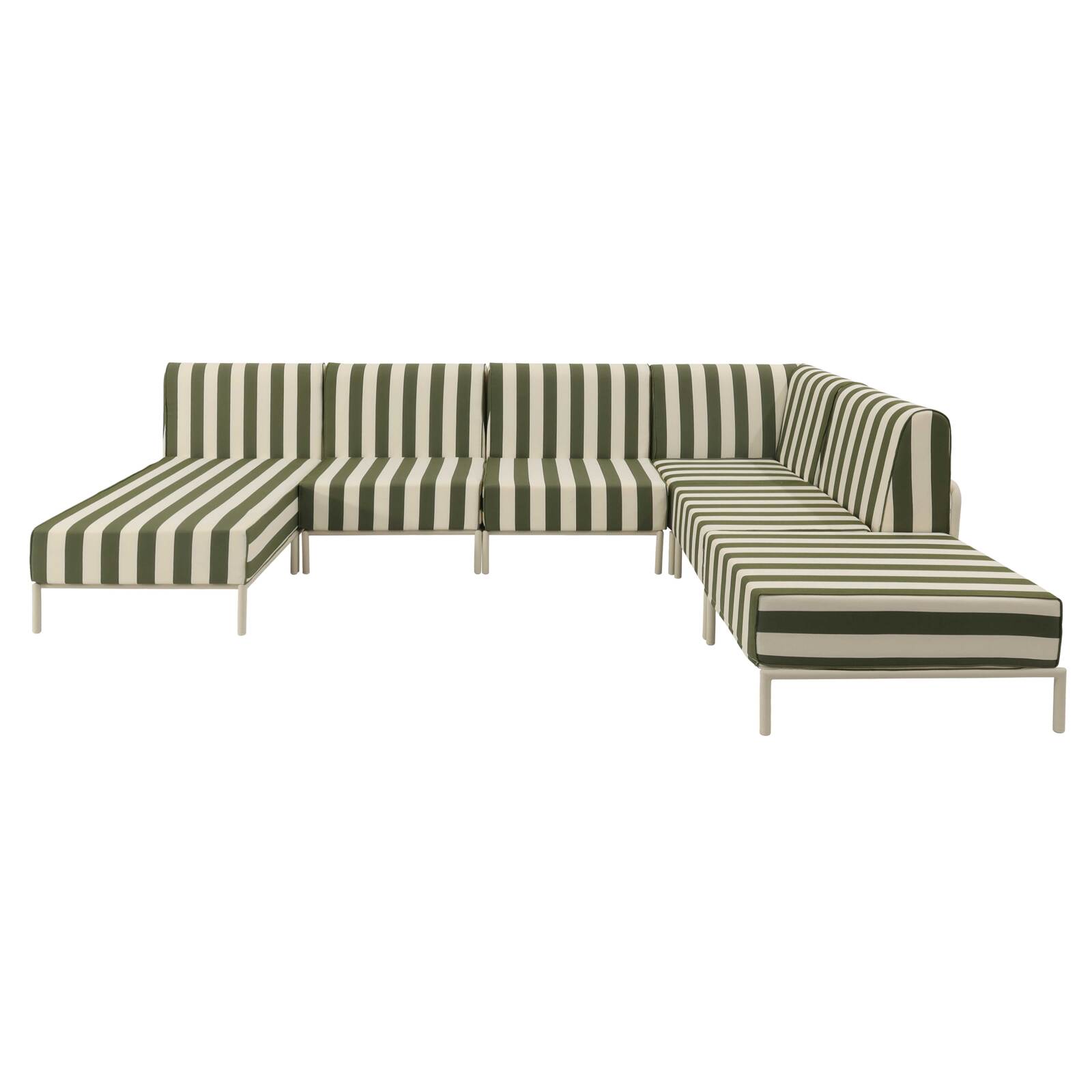 Sofá modular de exterior a rayas para 6 personas con 3 sillones, 1 sillón esquinero, 1 chaise longue y 1 puf