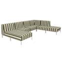 Sofá modular de exterior a rayas para 6 personas con 3 sillones, 1 sillón esquinero, 1 chaise longue y 1 puf