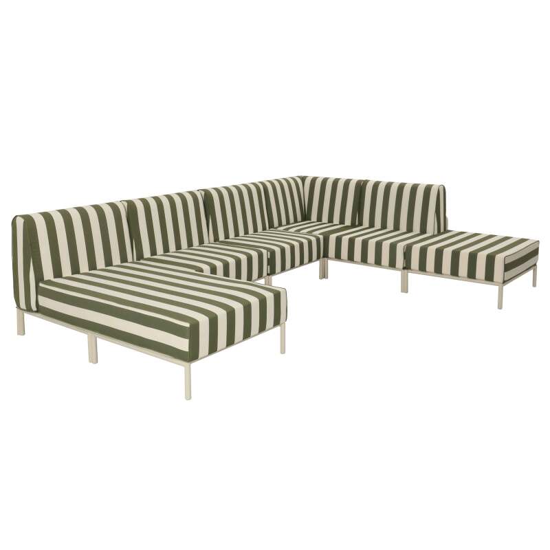 Sofá modular de exterior a rayas para 6 personas con 3 sillones, 1 sillón esquinero, 1 chaise longue y 1 puf