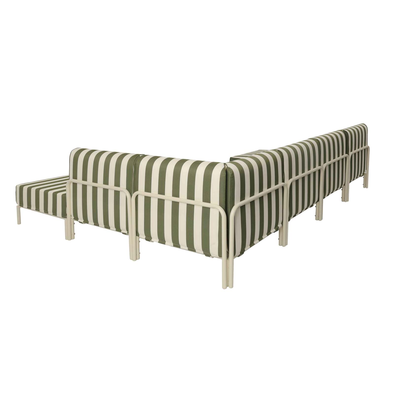 Sofá modular de exterior a rayas para 6 personas con 3 sillones, 1 sillón esquinero, 1 chaise longue y 1 puf