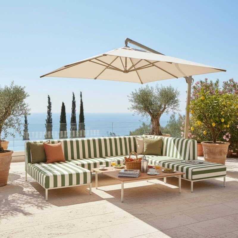 Sofá modular de exterior a rayas para 6 personas con 3 sillones, 1 sillón esquinero, 1 chaise longue y 1 puf