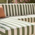 Sofá modular de exterior a rayas para 6 personas con 3 sillones, 1 sillón esquinero, 1 chaise longue y 1 puf