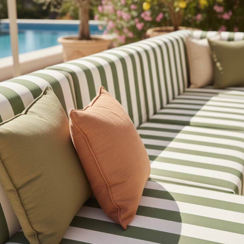 Sofá modular de exterior a rayas para 6 personas con 3 sillones, 1 sillón esquinero, 1 chaise longue y 1 puf (4/8)