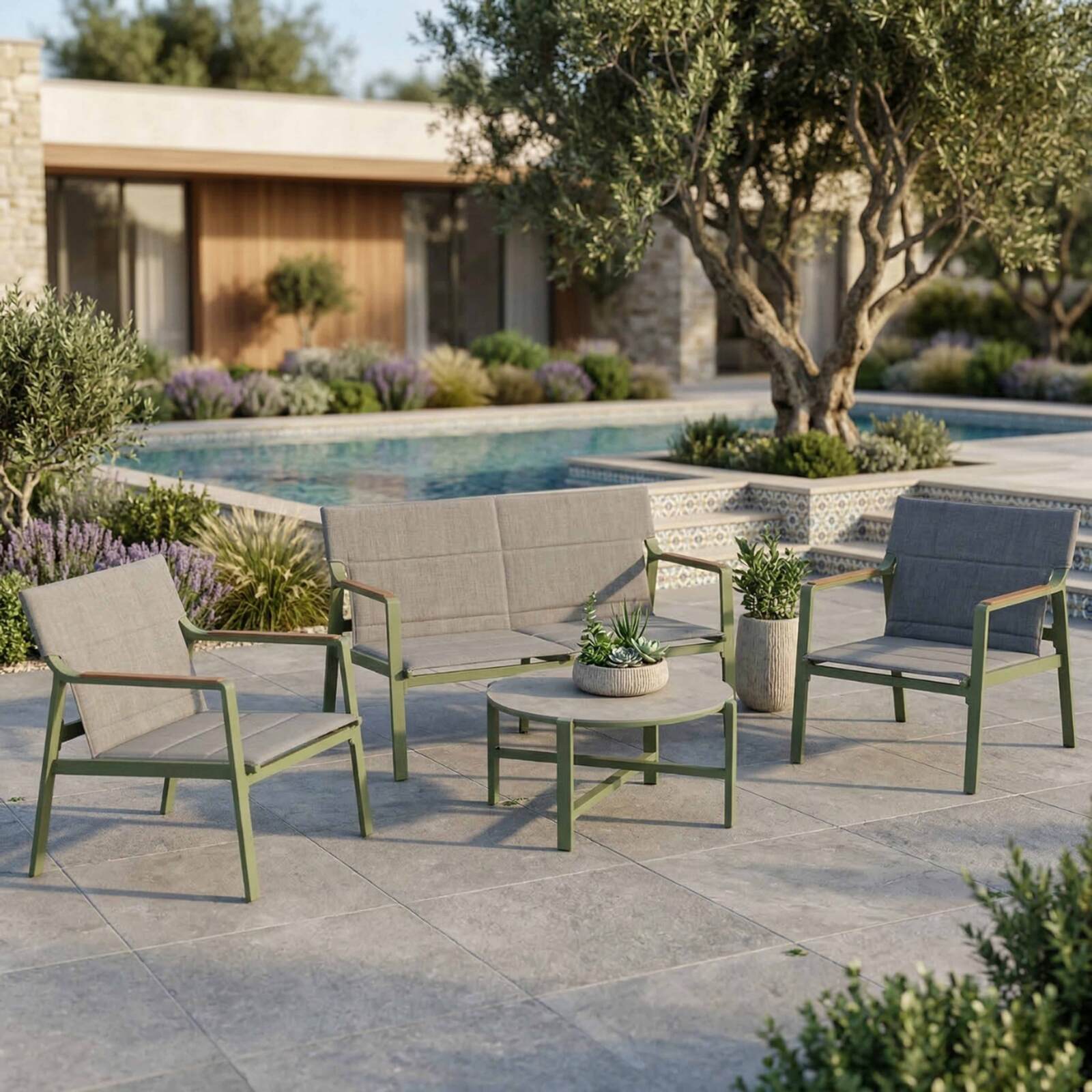 Mueble de jardín de aluminio de 4 plazas con 1 sofá, 2 sillones y mesa de centro