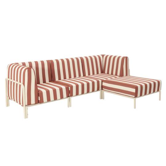 Sofá modular de exterior a rayas de aluminio para 4 personas con 1 sillón, 2 sillones esquineros y 1 puf | Oviala