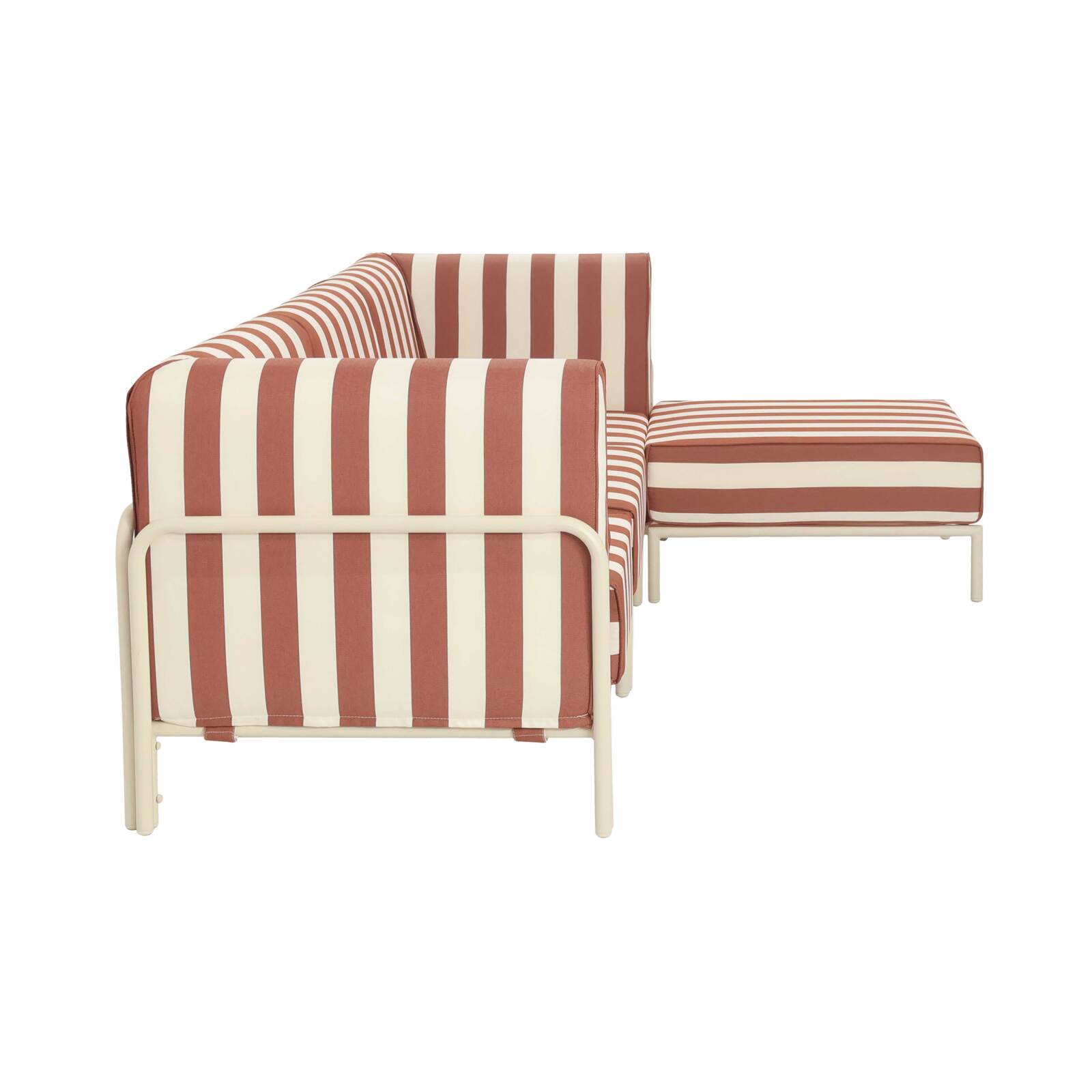 Sofá modular de exterior a rayas para 4 personas con 1 sillón, 2 sillones esquineros y 1 puf