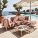 Sofá modular de exterior a rayas para 4 personas con 1 sillón, 2 sillones esquineros y 1 puf