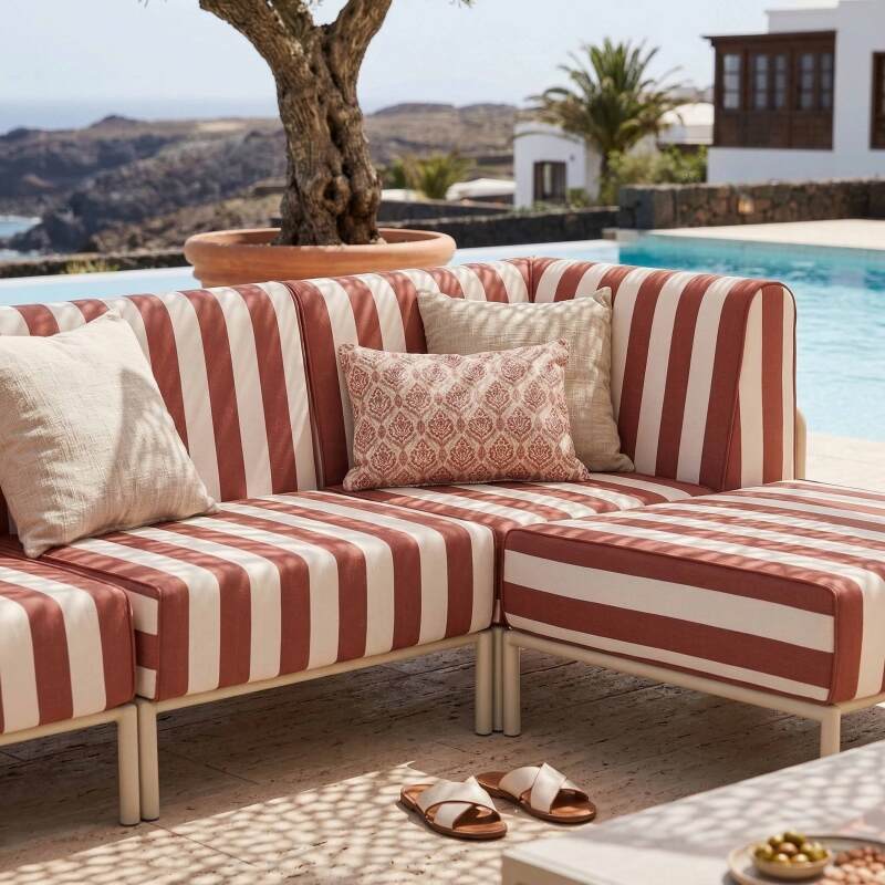 Sofá modular de exterior a rayas para 4 personas con 1 sillón, 2 sillones esquineros y 1 puf (2/7)