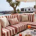Sofá modular de exterior a rayas para 4 personas con 1 sillón, 2 sillones esquineros y 1 puf