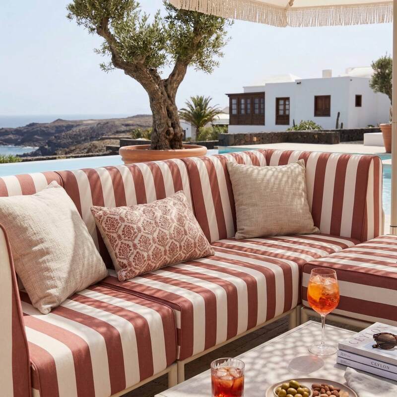 Sofá modular de exterior a rayas para 4 personas con 1 sillón, 2 sillones esquineros y 1 puf (3/7)