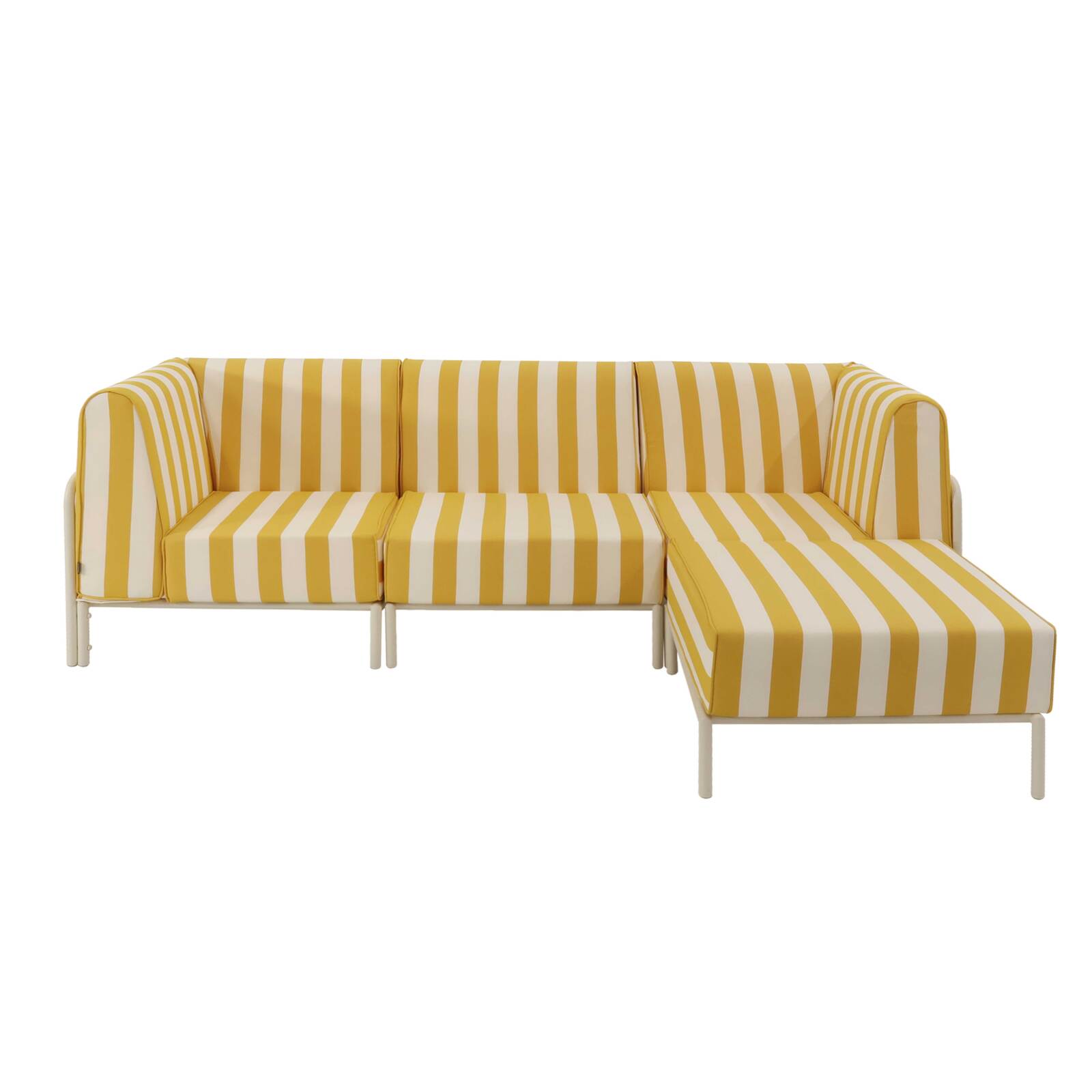 Sofá modular de exterior a rayas para 4 personas con 1 sillón, 2 sillones esquineros y 1 puf