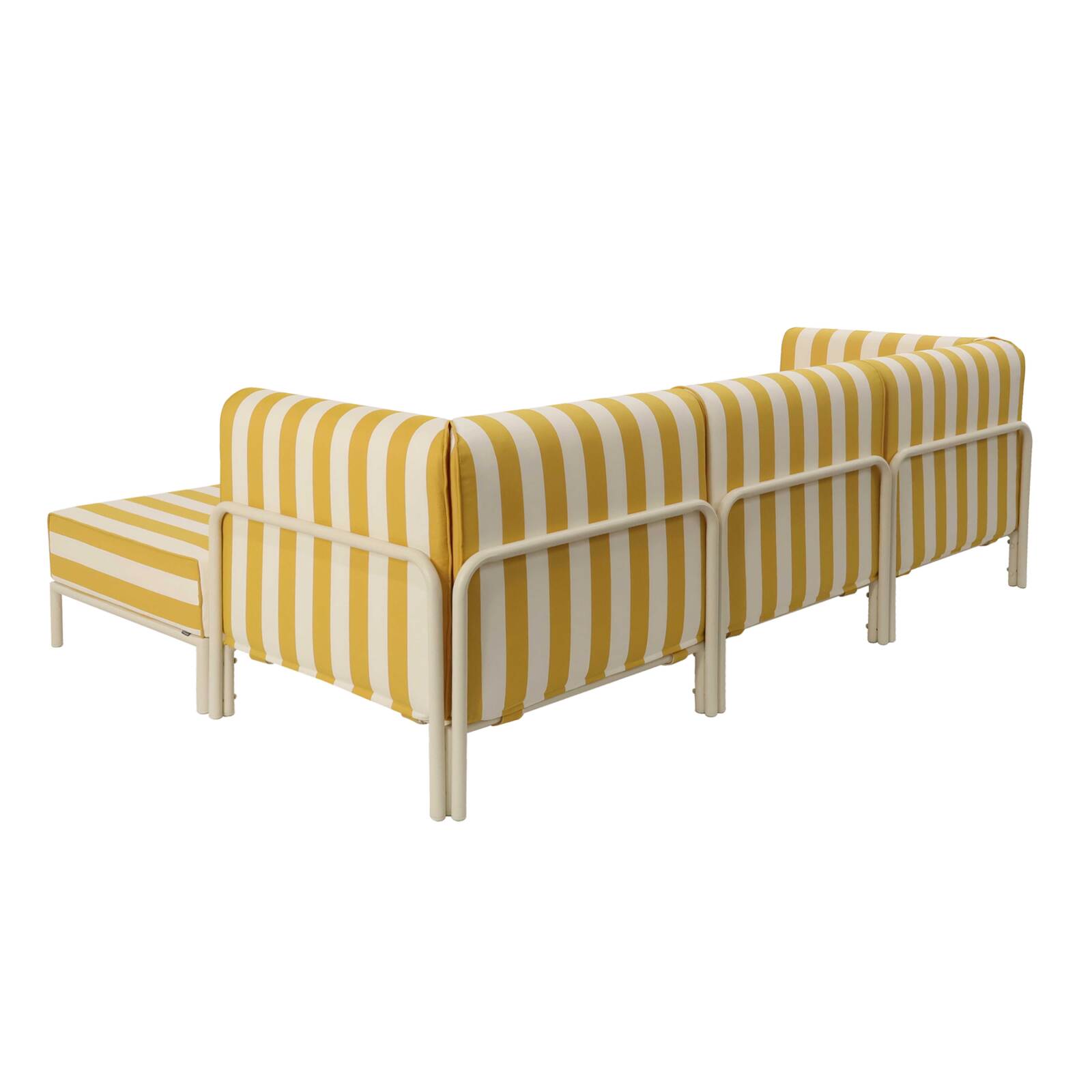 Sofá modular de exterior a rayas para 4 personas con 1 sillón, 2 sillones esquineros y 1 puf