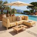 Sofá modular de exterior a rayas para 4 personas con 1 sillón, 2 sillones esquineros y 1 puf