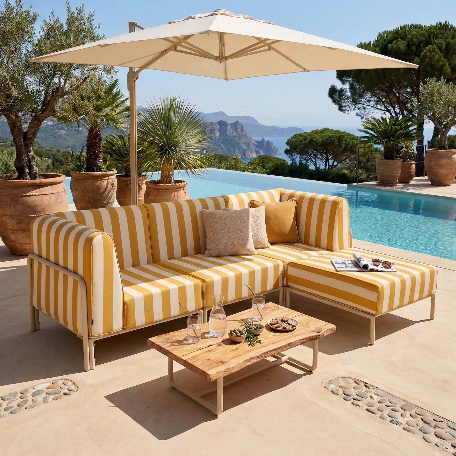 Sofá modular de exterior a rayas para 4 personas con 1 sillón, 2 sillones esquineros y 1 puf
