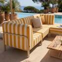 Sofá modular de exterior a rayas para 4 personas con 1 sillón, 2 sillones esquineros y 1 puf
