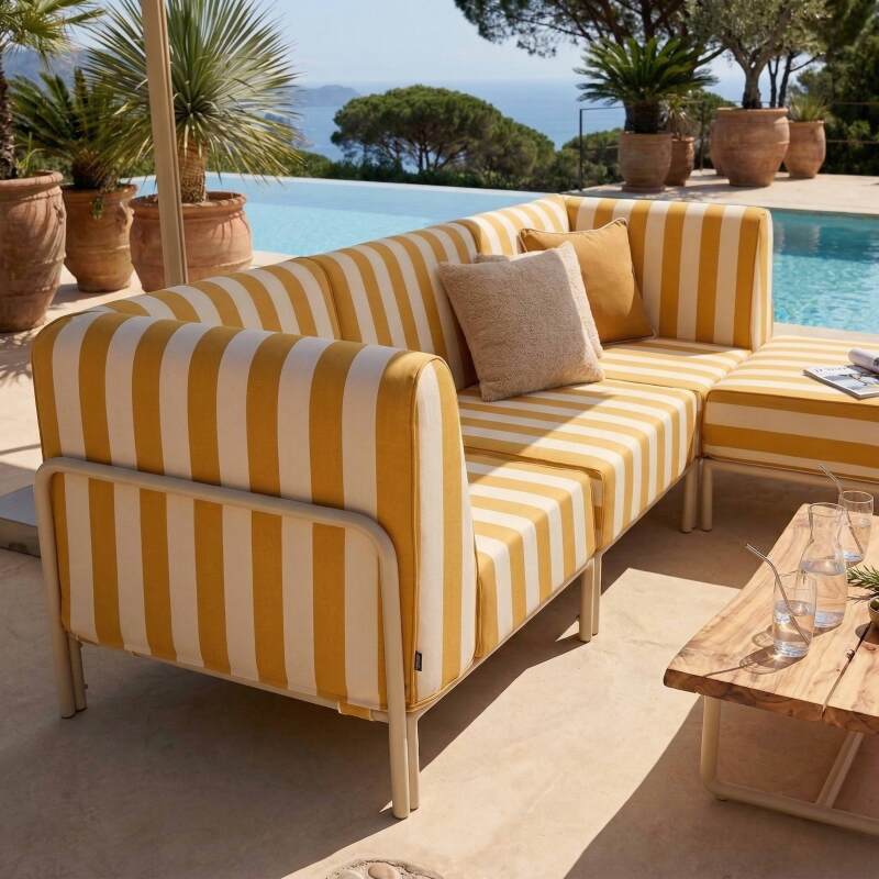 Sofá modular de exterior a rayas para 4 personas con 1 sillón, 2 sillones esquineros y 1 puf (2/8)