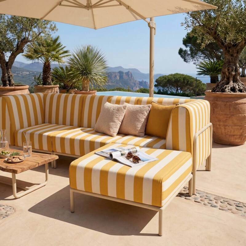 Sofá modular de exterior a rayas para 4 personas con 1 sillón, 2 sillones esquineros y 1 puf (3/8)
