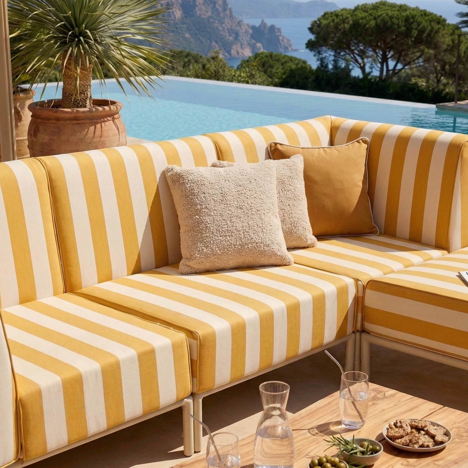 Sofá modular de exterior a rayas para 4 personas con 1 sillón, 2 sillones esquineros y 1 puf