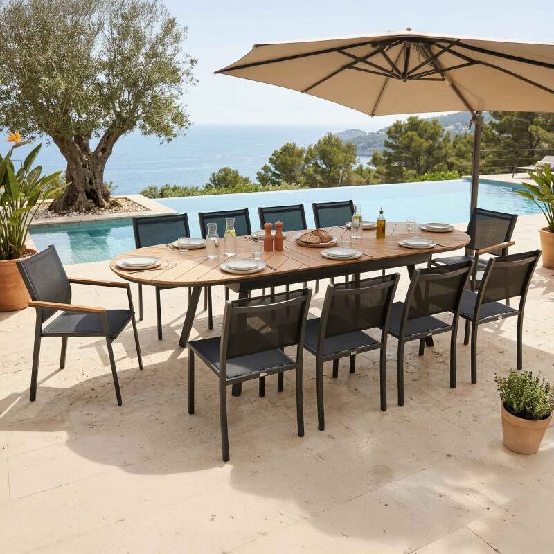 Mesa de jardín extensible de polywood y aluminio 220/280x100 cm y 10 sillas de textilene