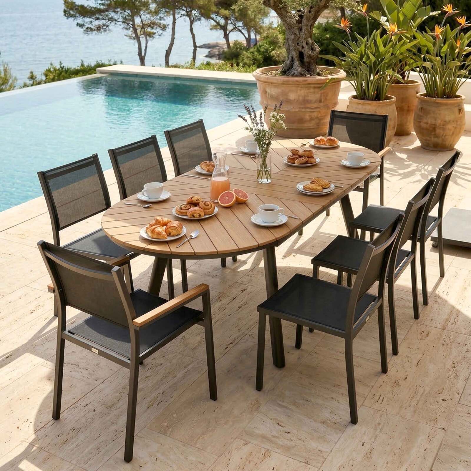 Mesa de jardín extensible efecto madera de aluminio y polywood 180/220x100 cm y 8 sillas de textilene