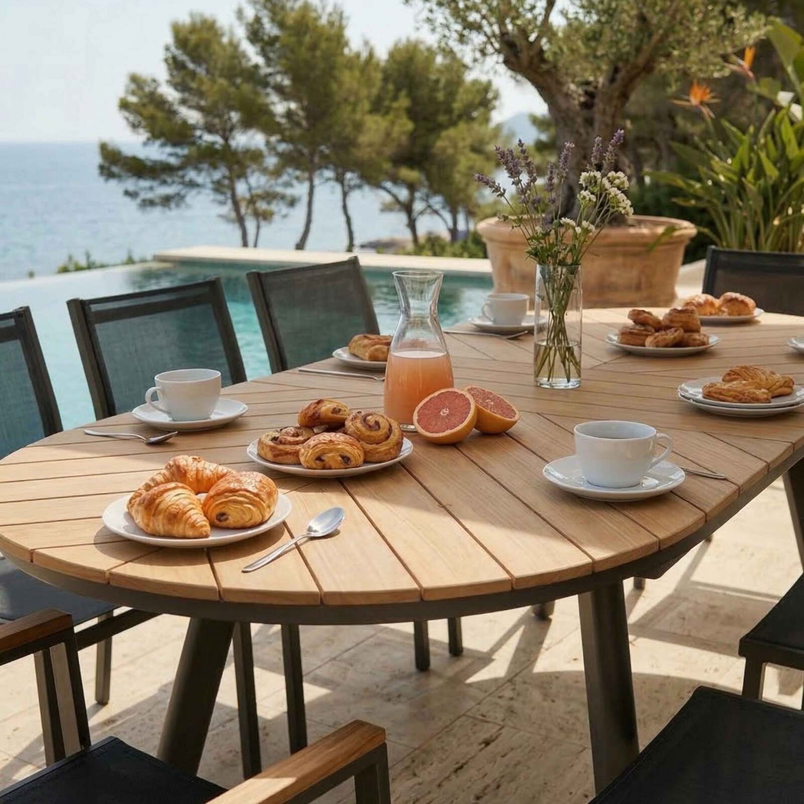 Mesa de jardín extensible efecto madera de aluminio y polywood 180/220x100 cm y 8 sillas de textilene