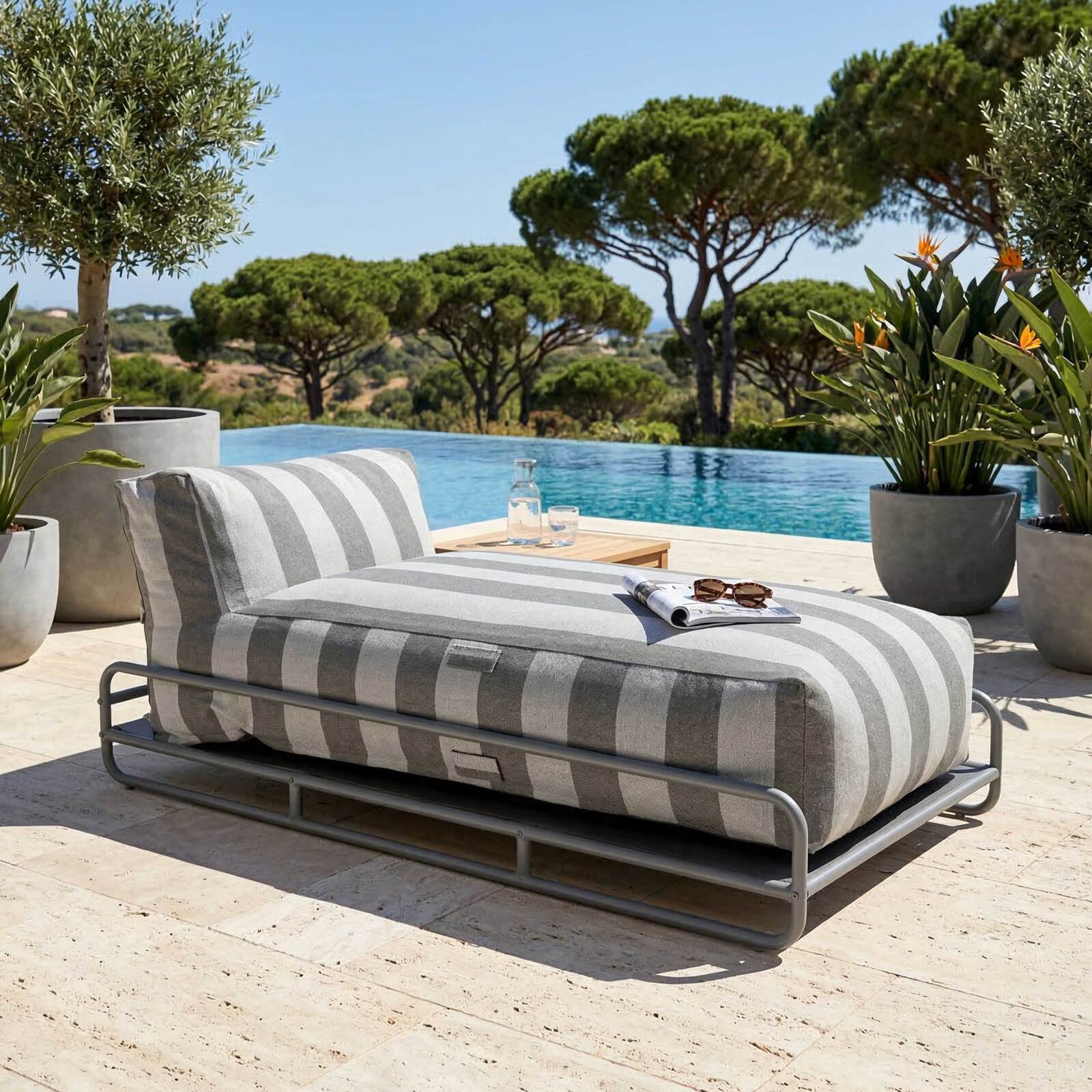Chaise longue a rayas para sofá modular de exterior con estructura