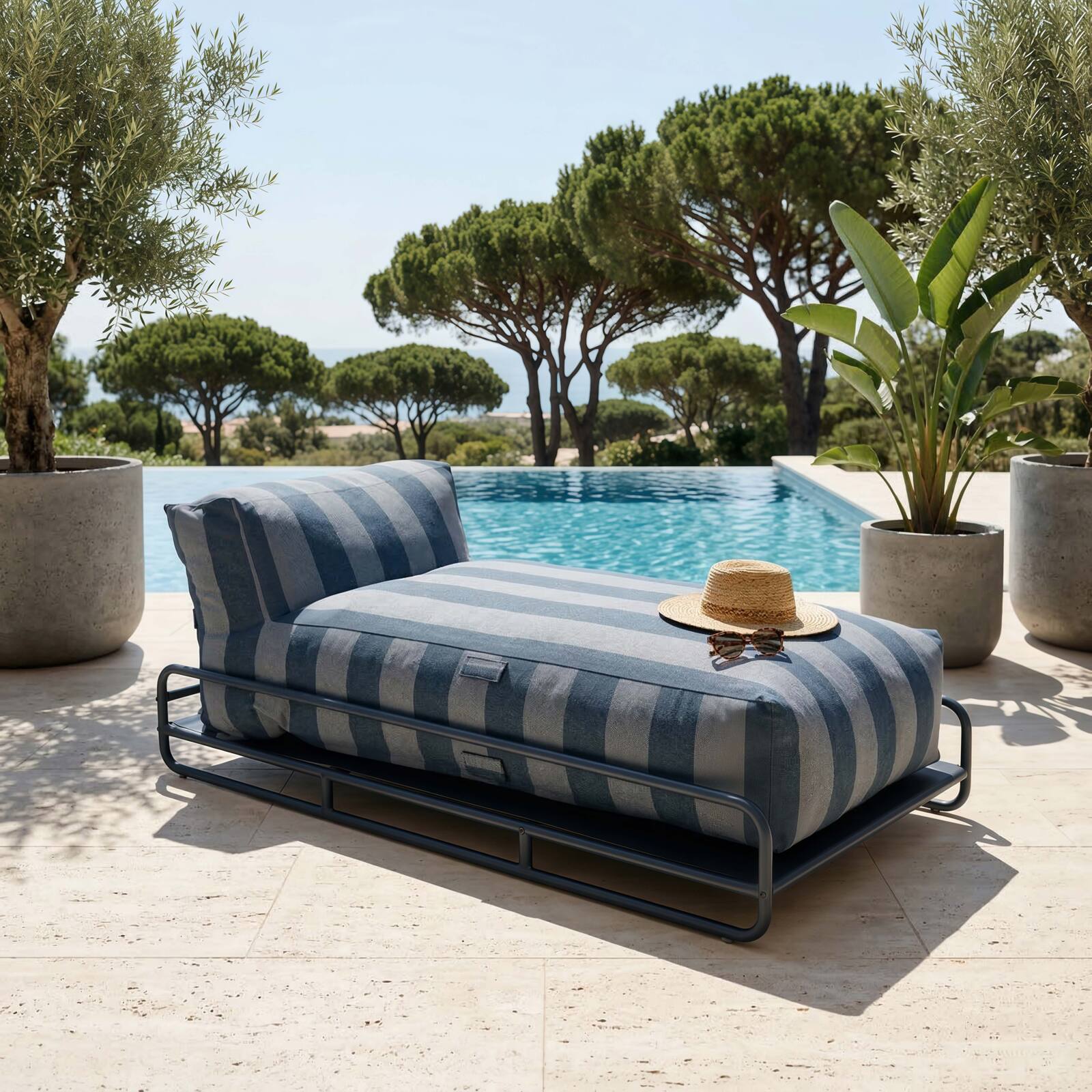 Chaise longue a rayas para sofá modular de exterior con estructura